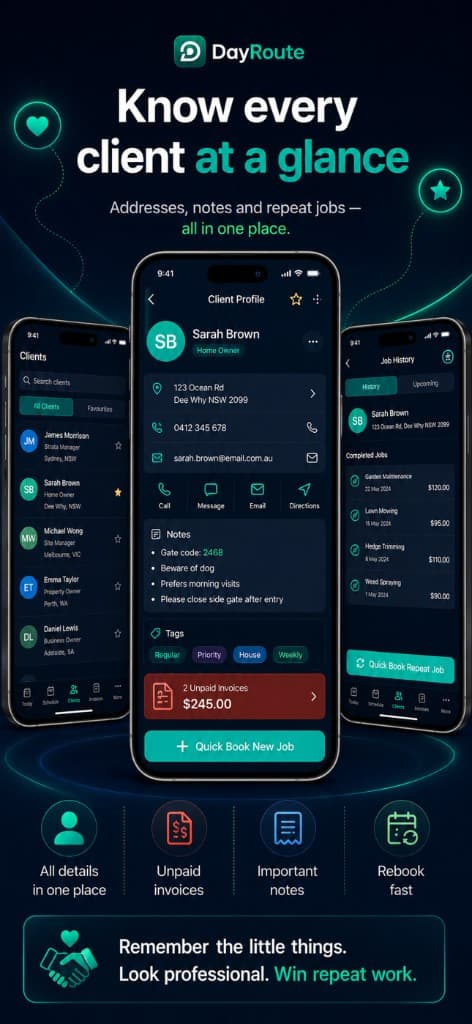 DayRoute — know every client at a glance with addresses and job history