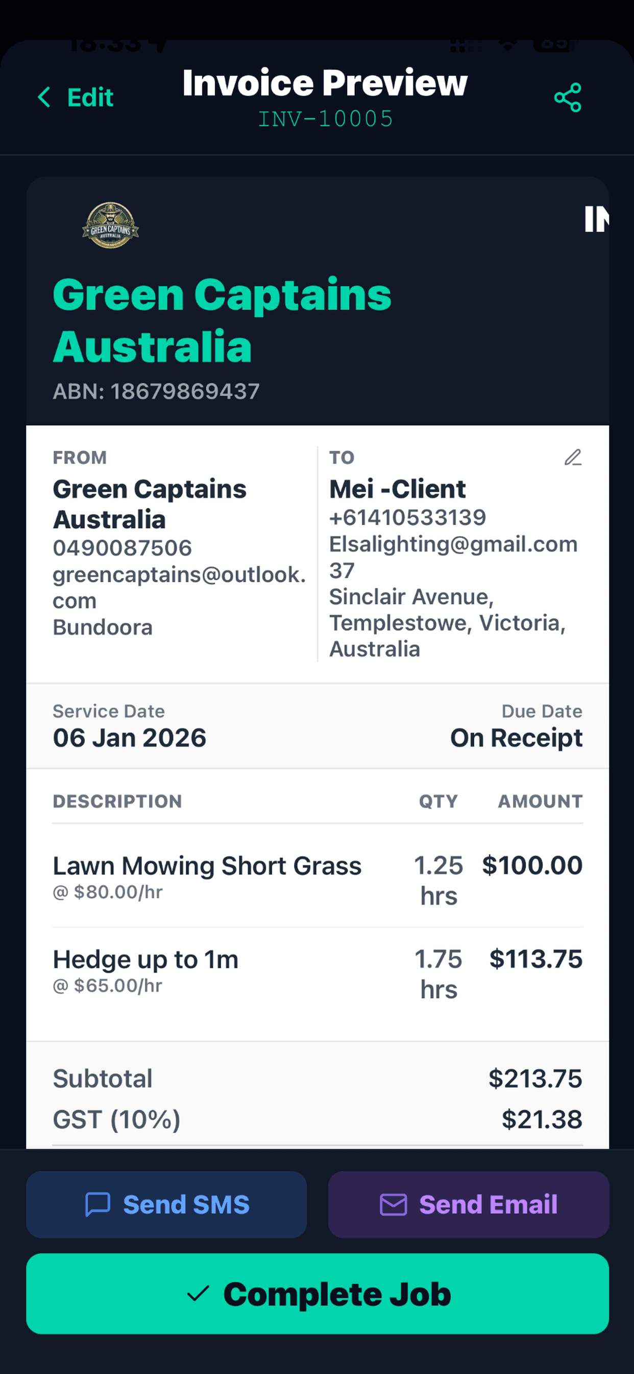 Invoice Creation screenshot